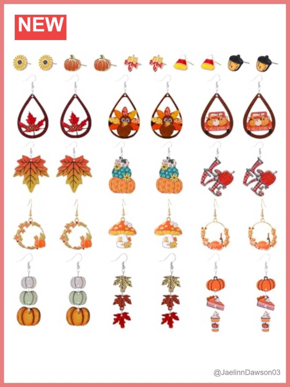 34 Pairs Wooden Dangle and Stud Earrings Set Fall Thanksgiving Pumpkin Turkey